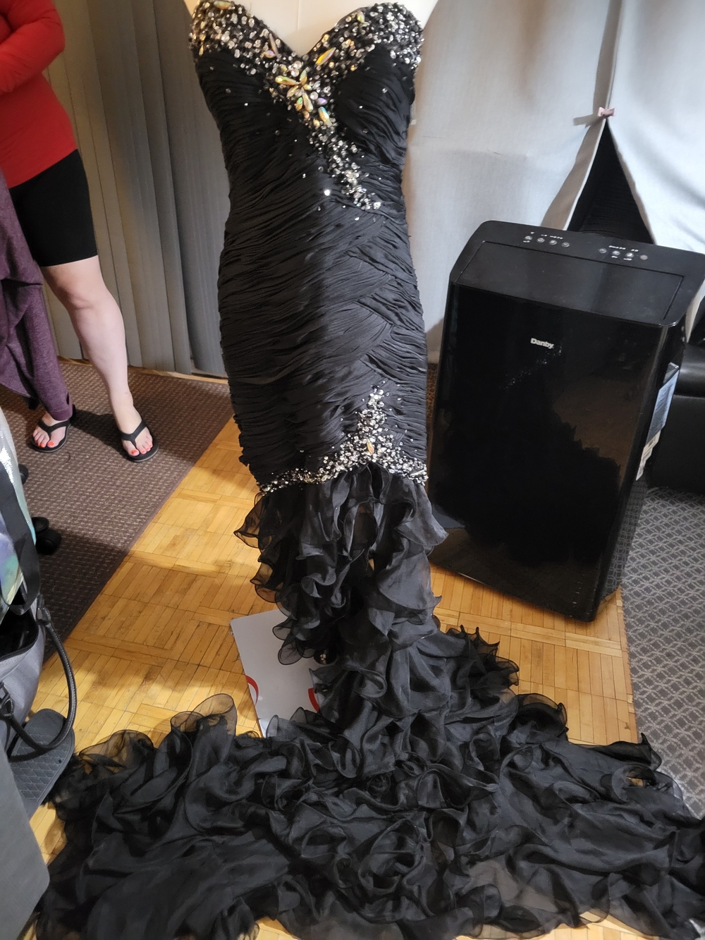 Strapless Black Ruffled Mermaid Prom Dress with Crystal Embellishment